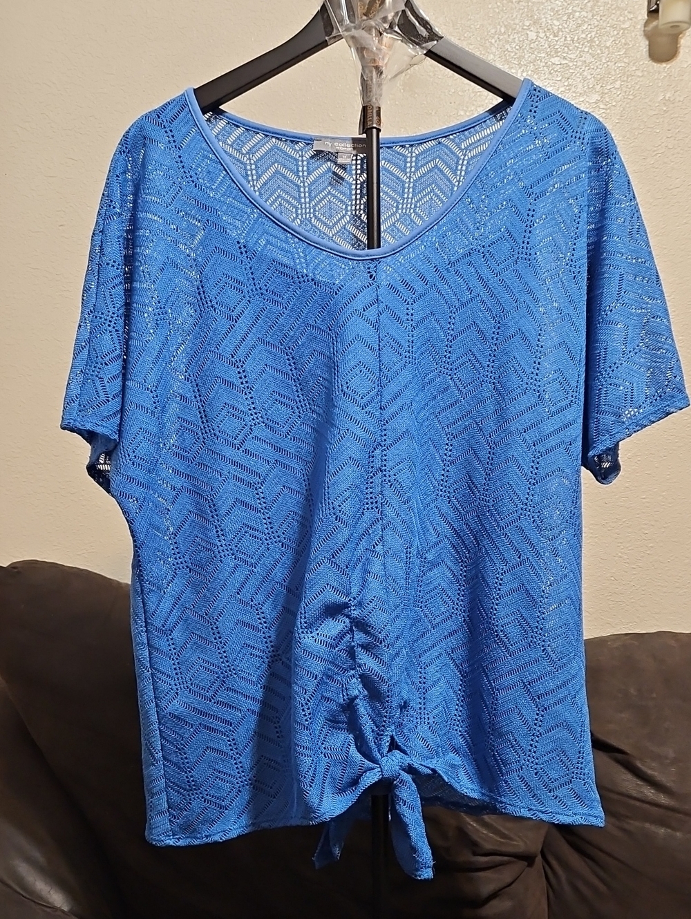 NY Collection Royal Blue Short Sleeve Tie-Front Knit Top